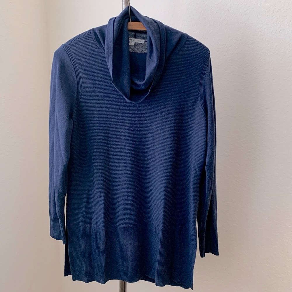 Adrienne Vittadini sz L navy blue cowl neck tunic EUC coastal academia minimal